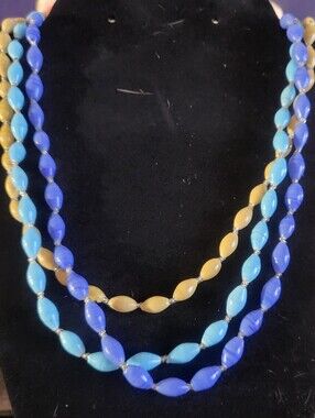 20" VTG India Glass Necklaces Blue, Light Blue,Tan, Swirl Slag Glass Rice Beads